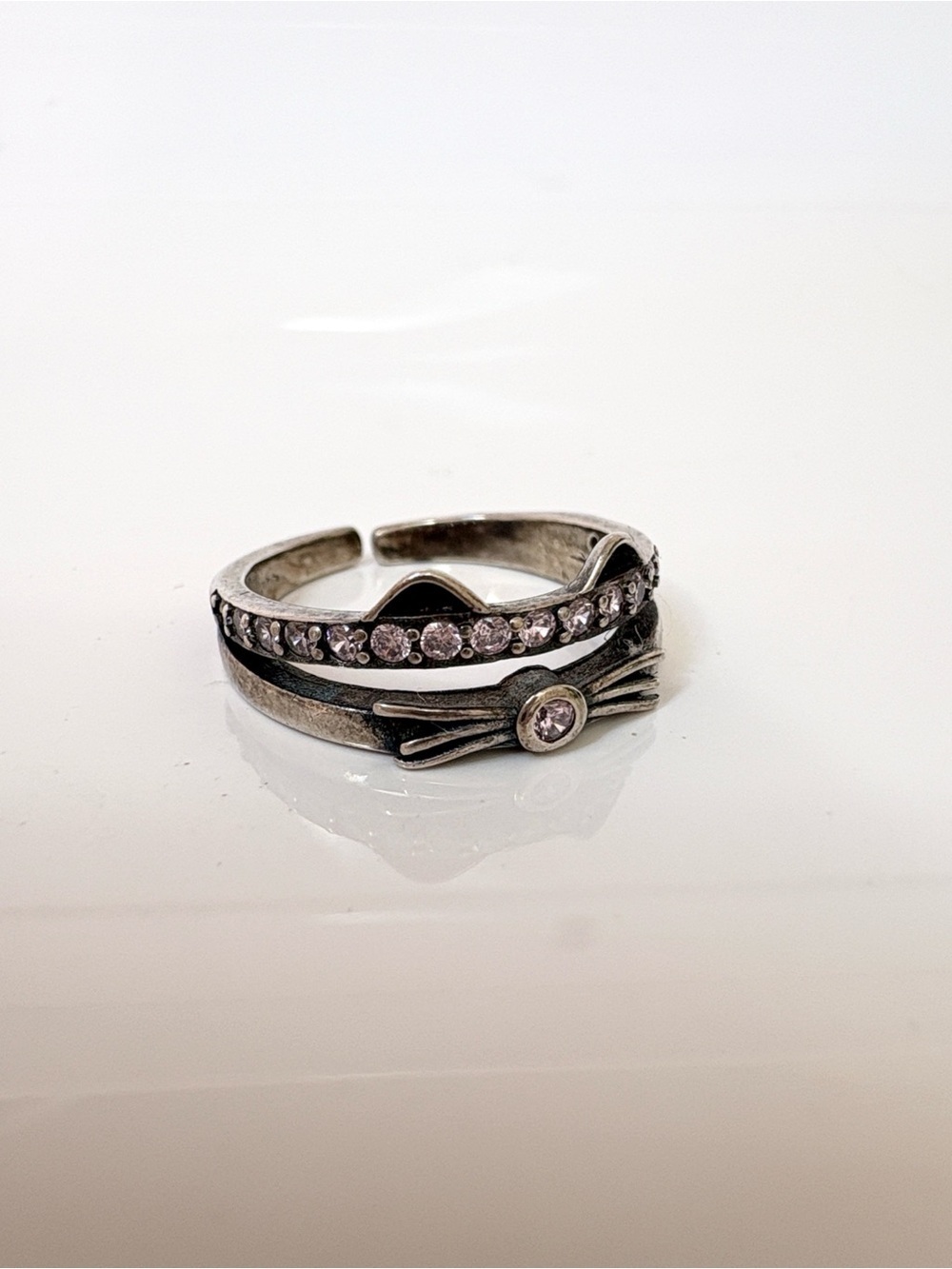 Sterling Silver Cat Ear Stack Ring with Pink Crystals - Adjustable Size